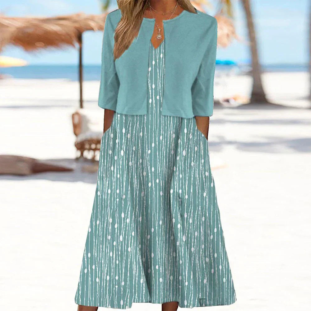 Mary™ | Unique Blue Plant Print Midi Dress With Jacket