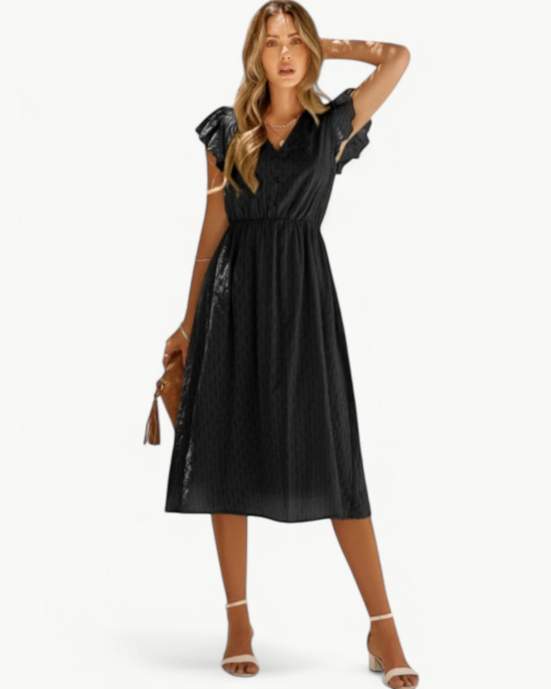 Lara™ | Midi Dress with V-neck and Ruffle Sleeves