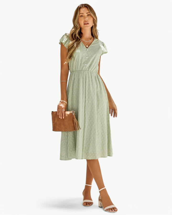 Lara™ | Midi Dress with V-neck and Ruffle Sleeves