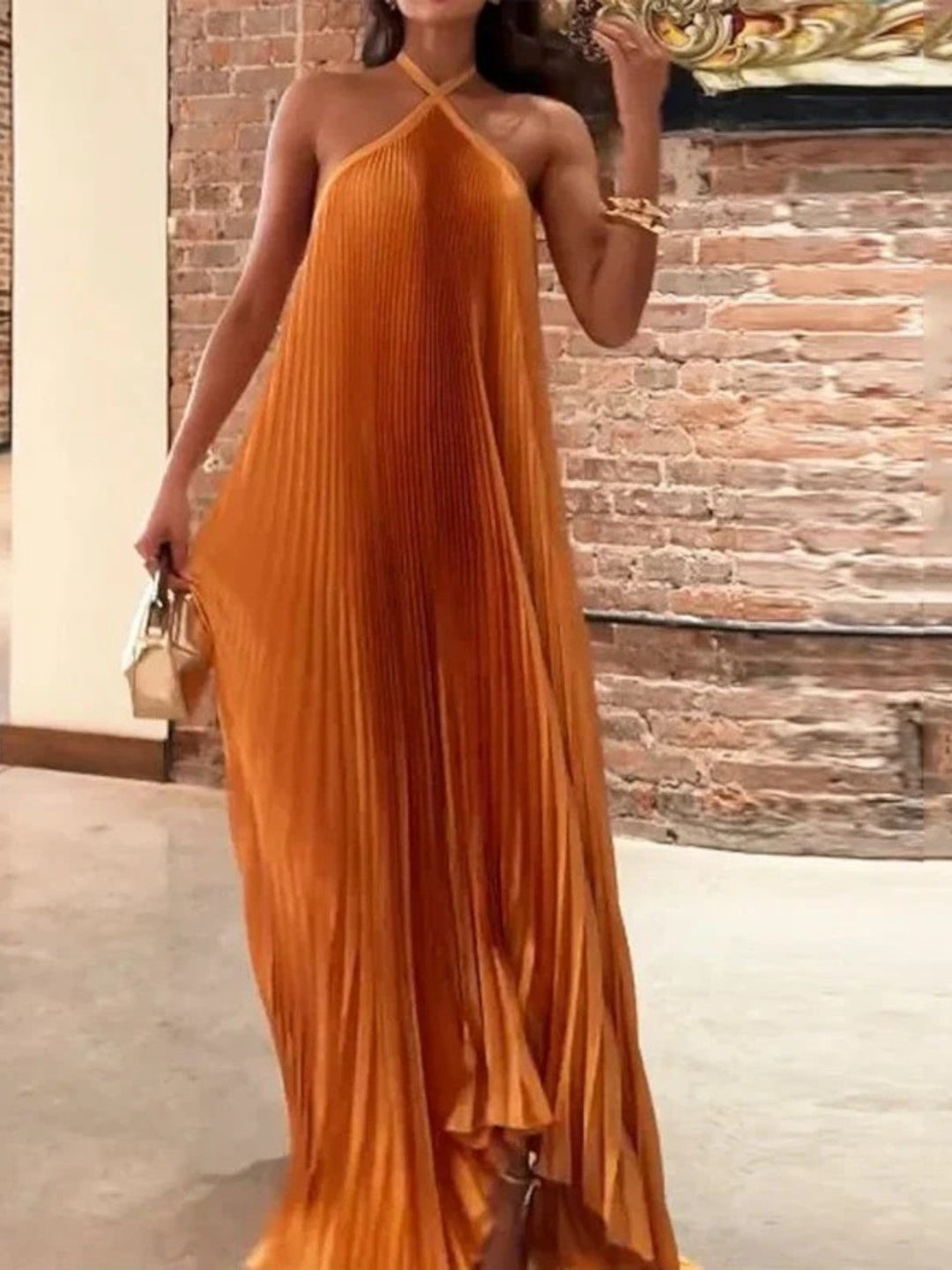 Mira - Chic Pleated Halter Neck Maxi Dress