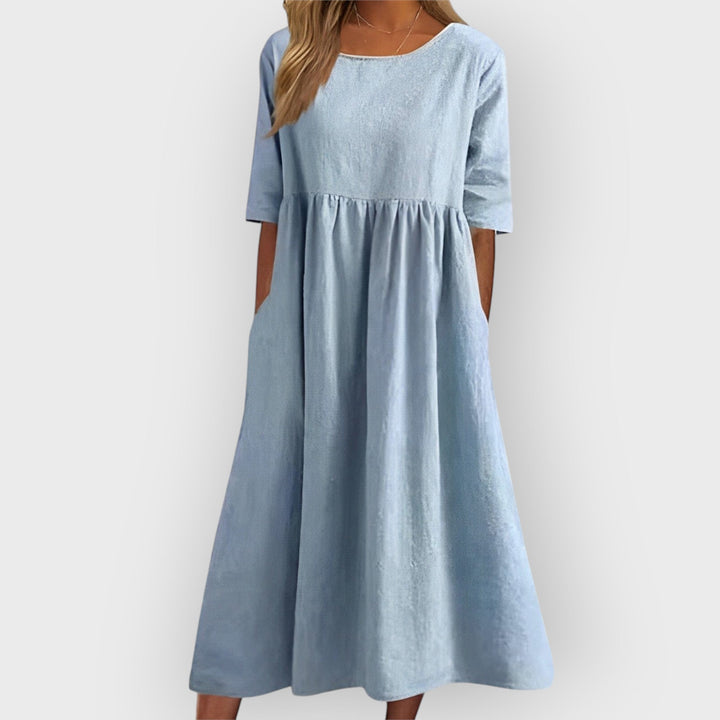 Bríd – Breathable Vintage Midi Dress with Pleated Design